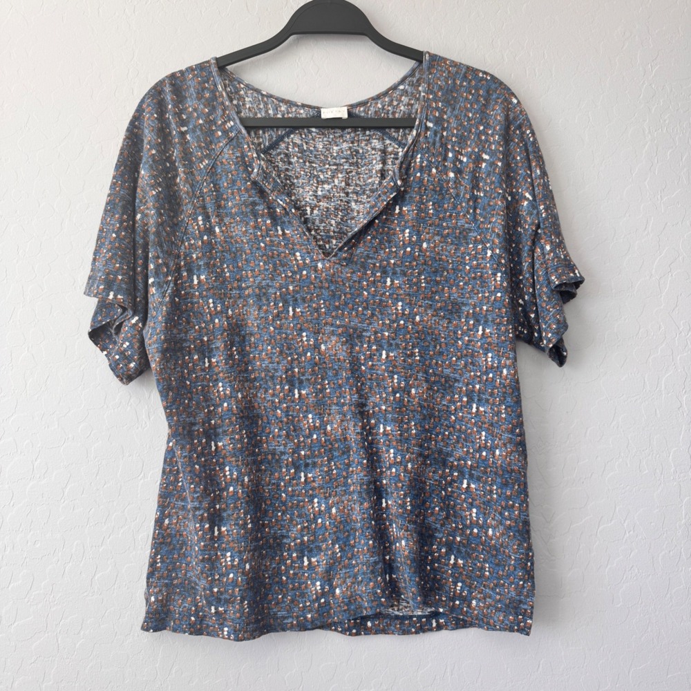Poetry 100% Linen Split Neck‎ Short Sleeve Casual Blouse Blue Brown Print Size 6